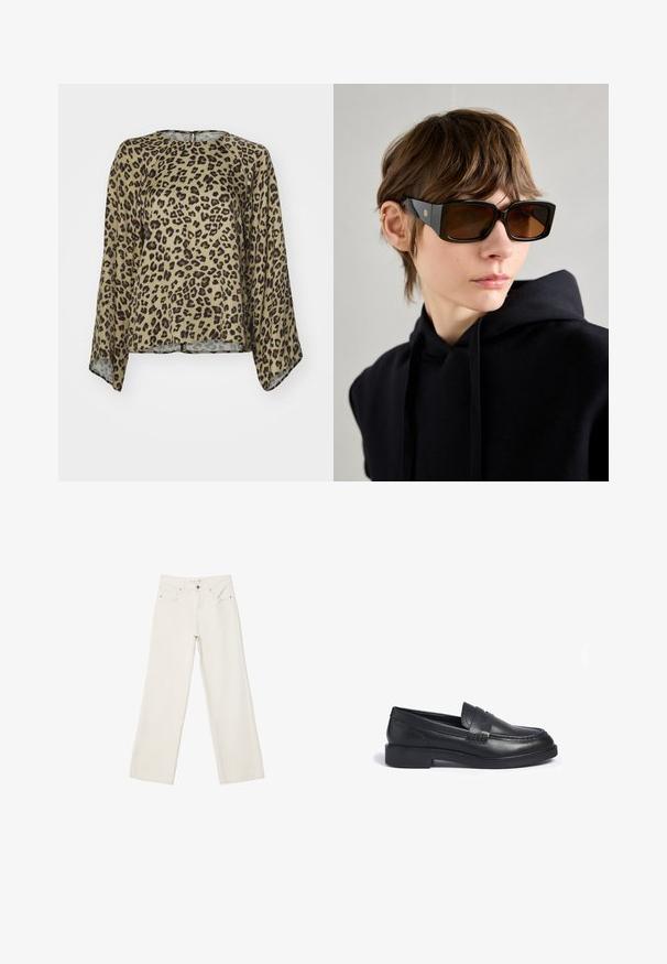 Blus med leopardmönster, rund halsringning, långa ärmar och en lös passform. Tillverkad av ett mjukt, lätt tyg i beige och svarta nyanser.; Vita vida jeans i denim med hög midja, framfickor och knäppning. Rent design med minimala detaljer.; Svarta läderloafers med en låg blockklack, med en vävd detalj på framfoten och dekorativ sömnad längs kanterna.; Svarta överdimensionerade solglasögon med en glänsande yta, rektangulär form, brunt tonade linser och gyllene logotypdetalj på skalmarna.