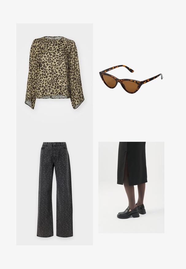 Leopardi mustriga pluus ümmarguse kaelusega, pikad varrukad ja lõdva lõikega. Valmistatud siledast, kergest riidest beeži ja musta tooni kombinatsioonis.; Noisy May NMJANNEL LOOSE - Avar lõikega teksad - black denim; Mustad mustad jalatsid ümmarguse varbaga, paksu plokkniidi ja elastsete külgdetailidega, kombineeritud tumedate sukkade ja musta lõhikuga seelikuga.; Kassi vormiga prillid musta ja oranži kilpkonnakujulise raami, pruunide läätsede ja elegantsete teravate otstega. Templi juures on minimaalne logo.; Hõbedased rõngastikkaehingad minimalistlikus disainis. Ümar kuju, sile tekstuur ja õhuke profiil. Kerged ning poleeritud viimistlusega.