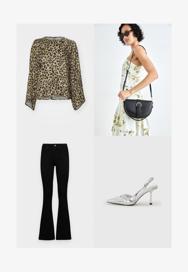 Blusa de estampado de leopardo con cuello redondo, mangas largas y un corte holgado. Elaborada con una tela suave y ligera en tonos beige y negro.; Jeans negros de cintura alta con cierre de botón y cremallera, bolsillos frontales y piernas acampanadas, dispuestos sobre un fondo blanco.; Zapato de tacón alto plateado tipo slingback con punta afilada, acabado metálico, dos correas decorativas y un tacón delgado con punta negra.; Bolso de piel negra con forma curva, correa desmontable y herrajes dorados. El bolso cuenta con una solapa con un detalle de hebilla.