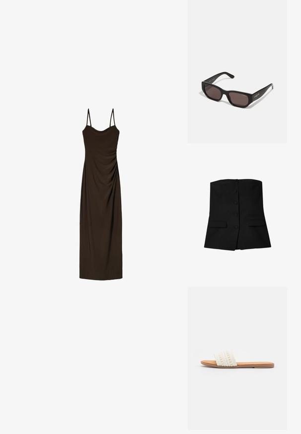 Schwarze trägerlose Weste mit tailliertem Design, die vorne sechs runde Knöpfe und zwei Klappentaschen an der Taille aufweist. Glatte Textur.; Braunes, ärmelloses Midikleid mit dünnen Trägern, das entlang der Vorderseite mit Raffung versehen ist und aus einem glatten, fließenden Stoff gefertigt wurde.; Weiße geflochtene Rutschen-Sandalette mit geflochtener Textur und dekorativen Perlen, ausgestattet mit einem glatten, haselnussbraunen Fußbett und einer flachen Gummisohle.; Schwarze rechteckige Sonnenbrille mit dunklen Gläsern. Verfügt über ein glattes Kunststoffgestell und ein Logo-Detail an den Bügeln. Sauberes, modernes Design.; Michael Kors Clutch in beige beschichtetem Canvas mit einem wiederholten MK-Logo-Muster, goldfarbener hardware und einem abnehmbaren Kettenriemen.