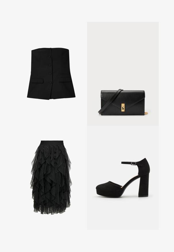 Črna brezrokavna vesta s prilegajočim dizajnom, ki ima spredaj šest okroglih gumbov in dva žepa s preklopom na pasu. Gladka tekstura.; Črna midi krila iz plastičnega tila z naborkami. Ima elastico v pasu. Prozoren material dodaja teksturo in gibanje.; Črne semiš platform škornje z debelim blokastim peto, zaobljenim nosom in gležnjico, ki jo drži kovinska zaponka. Gladka tekstura po celotni površini.; Črna usnjena denarnica s prepognjenim pokrovom, zlato okovje, ki vključuje poudarek z logotipom. Vključuje odstranjljivo naramnico za nošenje.