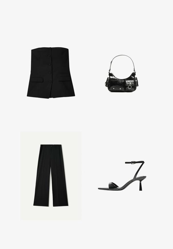 Sort stropløs vest med en tæt design, der har seks runde knapper foran og to klaplommer ved taljen. Glat tekstur.; Bershka WIDE - Bukser - black; Bershka Højhælede sandaletter / Højhælede sandaler - black; Sort patenteret læder håndtaske med en buet form, en skulderrem, frontlommer og hardware accenter i sølvfarve.