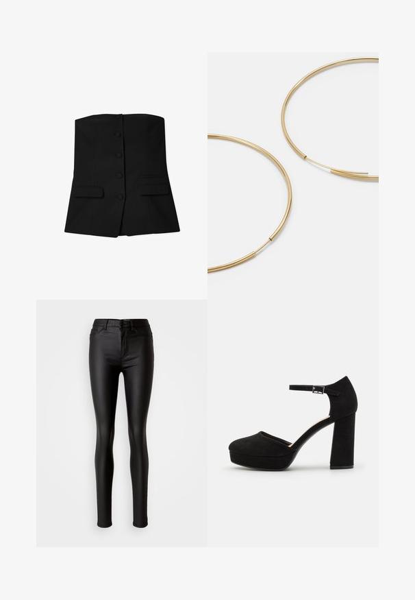 Juodas liemenė be petnešų, su prigludusia forma, priekyje turinti šešis apvalius mygtukus ir dvi kišenes su atlapais liemens srityje. Lygios tekstūros.; Juodos dirbtinės odos liesos džinsinės kelnės su lygiu paviršiumi, aukštu liemeniu, mygtuko uždarymu ir tradicine penkių kišenių dizainu.; Juodi zomšiniai platforminiai kulniukai su storu bloku kulnu, apvalia nosimi ir čiurnos dirželiu, kuris pritvirtintas metaliniu užsegimu. Visoje apavo tekstūra lygi.; Aukso spalvos žiedo auskarai, ploni ir apvalūs, su lygiu metaliniu paviršiumi be papuošimų ar raštų.; Juodas odinis piniginė su užlenkiama sklende, auksinėmis detalėmis, su logotipo akcentu. Įeina nuimamas diržas nešiojimui.