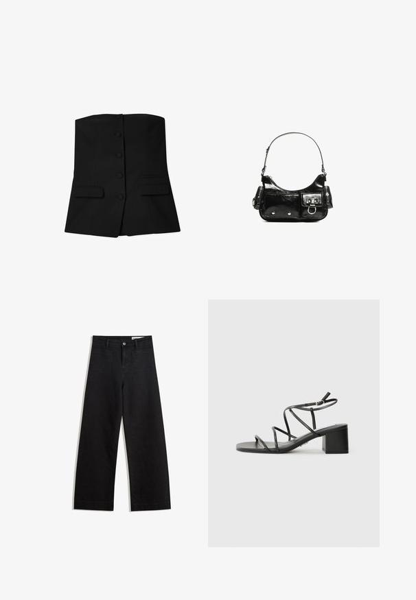 Čierny bezramienkový top s priliehavým strihom, ktorý má vpredu šesť okrúhlych gombíkov a dva klopové vrecká v pásovej oblasti. Hladká textura.; Čierne denimové nohavice s širokými nohavicami a vysokým pásom, so prednými a zadnými vreckami, šitými švami a zapínaním na gombík. Hladká textúra.; Čierne sandále na opätku so štvorcovou špičkou a masívnym opätkom, vyrobené z hladkého materiálu. Obsahujú nastaviteľné remienky okolo členka a minimálny hardware.; Čierna laková kožená kabelka s ohnutým tvarom, jedným ramenným popruhom, prednými vreckami a striebornými kovovými doplnkami.