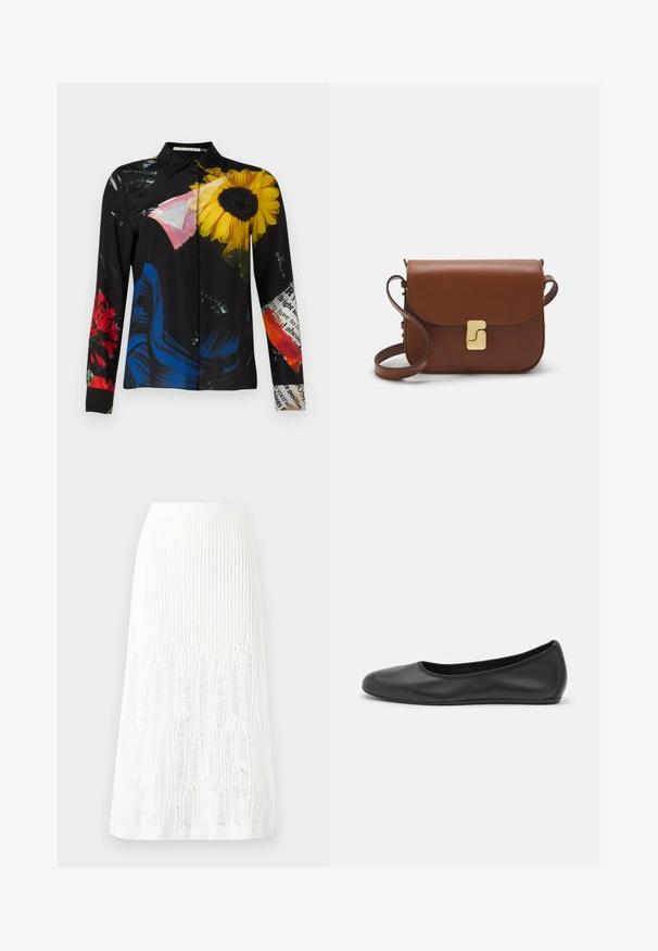 Black blouse featuring a floral pattern with yellow sunflowers, red flowers, and blue accents. Smooth fabric with a collar and button closure.; Knit white midi skirt featuring a textured pattern with vertical lines and cut-out details near the hem. Elastic waistband. Soft material.; Black leather ballet flat with a rounded toe, smooth texture, minimal stitching detail, and a flexible sole design.; Brown leather handbag with a flap closure, gold-tone hardware, a shoulder strap, and a smooth texture. Compact rectangular shape.