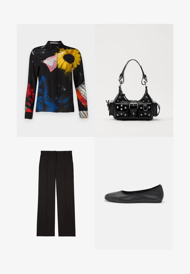 Fekete blúz virágmintával, sárga napraforgókkal, piros virágokkal és kék részletekkel. Simaságot árasztó anyag, gallérral és gombos záródással.; Fekete, sima anyagból készült, szabott nadrág, egyenes vonalú szabással és két oldalsó zsebbel. Elegáns és minimalista kialakítás.; Fekete bőr balettcipő lekerekített orral, sima tekstúrával, minimális varrással és rugalmas talp kialakítással.; Fekete bőr kézitáska ívelt designnal, ezüst szegecsekkel, csattal és két oldalsó zsebbel. Állítható vállpánt a hordozási lehetőségekhez.