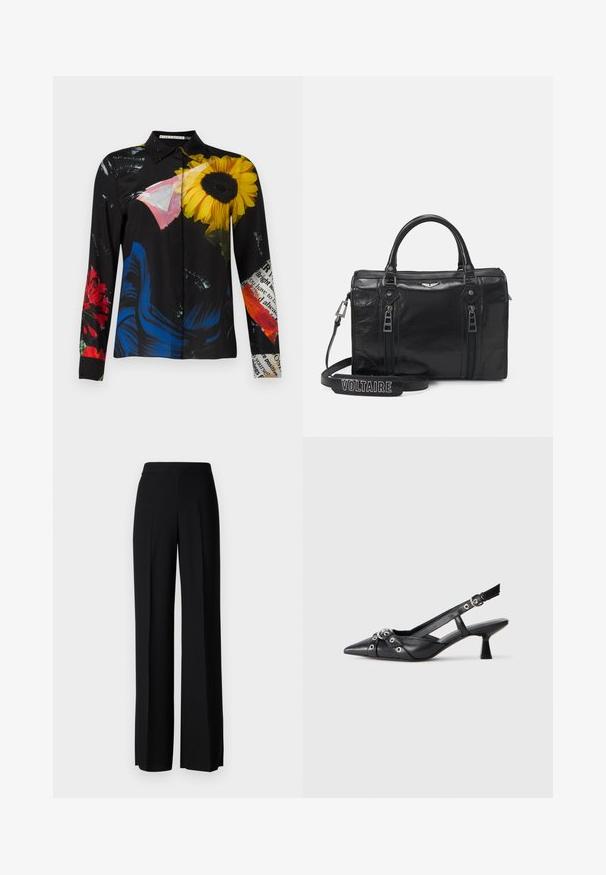 Bluză neagră cu un model floral ce include floarea-soarelui galbenă, flori roșii și accente albastre. Material neted cu guler și închidere cu nasturi.; Pantaloni negri cu picioare largi, cu o textură netedă, având o talie înaltă și pliseuri centrale. Fără modele vizibile sau detalii de hardware.; Pantofii slingback din piele neagră, cu vârful ascuțit, curele decorative cu ochiuri din metal și toc bloc mic. Suprafață texturată.; Geantă de piele neagră cu două fermoare, design structurat și mânere superioare. Include o curea detașabilă cu textul "VOLTAIRE".