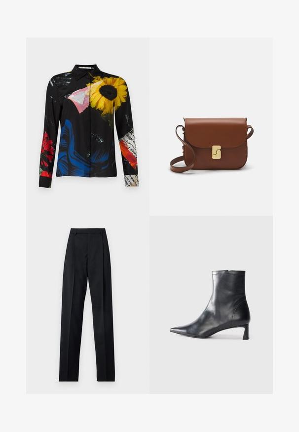 Schwarze Bluse mit floralem Muster, gelben Sonnenblumen, roten Blumen und blauen Akzenten. Glattes Material mit Kragen und Knopfverschluss.; Schwarze Hosen aus glattem Stoff mit hoher Taille, weitem Bein, vorderen Falten und klassischen Gürtelschlaufen. Keine sichtbaren Seitentaschen.; Schwarze Lederstiefelette mit spitzer Zehe und schlankem Design. Verfügt über einen niedrigen Absatz und einen Reißverschluss hinten. Glatte Textur.; Braune Ledertasche mit Klappenverschluss, Beschlägen in Goldfarbe, einem Schultergurt und einer glatten Oberfläche. Kompakte rechteckige Form.