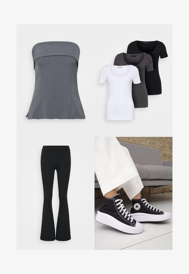 Sivý top bez ramienok so rovnou výstrihom, priliehavým strihom a rozšíreným lemom. Tkanina má hladkú textúru, vhodnú na neformálne aj formálne nosenie.; Tričko v bielej, šedej a čiernej farbe s priliehavým strihom. Každé má široký výstrih a krátke rukávy. Vyrobené z hladkej, elastickej tkaniny.; Čierne rozšírené nohavice vyrobené z elastického materiálu, s vysokým pásom a hladkou textúrou. Nohavice sa rozširujú od kolena.; Čierne vysoké tenisky s bielymi gumovými podrážkami a šnúrkami. Obsahujú okrúhlu nášivku s logom a kontrastné biele prešívanie. Materiál je plátený.