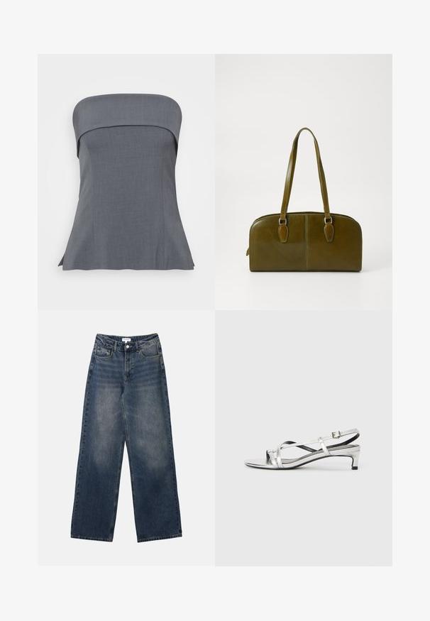 Pilkas be petnešėlių viršus su tiesia iškirpte, pritaikyta talpiai, su išplatėjusia apatine dalimi. Audinys turi lygų paviršių, tinkantį kasdieniam ar oficialiam dėvėjimui.; Vyriški mėlyni džinsai su aukštu liemeniu, plačiais džinsais, priekyje su mygtuku ir užtrauktuku, taip pat su priekiniu ir galiniu kišeniu.; Sidabrinės metalinės slingback basutės su žemu kulnu, turinčios kryžminius dirželius ir lygų tekstūrą. Minimalistinis dizainas.; Alyvuogių žalio odinio rankinės, su išlenkta forma, dviem rankenomis ir vientisu priekiniu paviršiumi. Pasižymi lygiu paviršiumi ir subtiliomis siuvimo detalėmis.; Sidabriniai auskarai su lygiu, blizgiu paviršiumi. Apskritimo forma, vienodas plotis, sukurti lengvam užsegimui. Paprasti ir elegantiški.