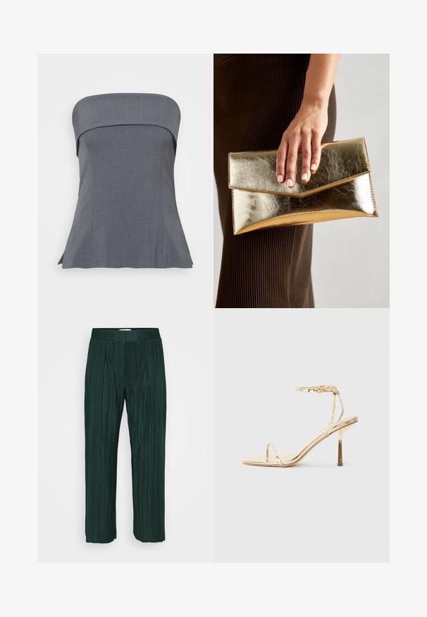 Sivý top bez ramienok so rovnou výstrihom, priliehavým strihom a rozšíreným lemom. Tkanina má hladkú textúru, vhodnú na neformálne aj formálne nosenie.; Tmavozelené plisované nohavice so širokými nohavicami a elastickým pásom, vystavené na jednoduchom bielom pozadí.; Zlaté metalické sandály na vysokom opätku s hranatou špičkou, tenkým remienkom okolo členka a elegantným, minimalistickým designom s lesklým povrchom.; Zlatá metalická kabelka cez plece s hladkým povrchom, ktorá má trojuholníkové uzavretie. Ruka ju drží a má starostlivo upravené nechty.; Zlaté kruhové náušnice s hladkým, lesklým povrchom. Cirkulárny dizajn s malým steblom a jasným záznamom pre bezpečné nosenie.