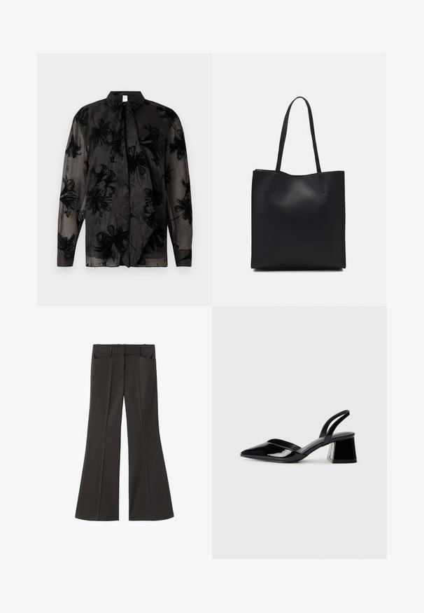 Czarna przezroczysta bluzka z kwiatowymi wzorami, kołnierzykiem z końcówkami, długimi rękawami i zaokrąglonym dołem. Wykonana z lekkiego materiału o gładkiej fakturze.; Czarne spodnie z szerokimi nogawkami i wysokim stanem; posiadają dwie przednie kieszenie oraz gładką teksturę materiału. Idealne na różne okazje.; Czarne lakierowane półbuty na obcasie z wydłużonym noskiem i geometrycznym słupkiem. Charakteryzują się eleganckim, minimalistycznym designem oraz gładką fakturą.; Czarna skórzana torba tote o gładkiej fakturze, prostokątnym kształcie i dwóch długich uchwytach. Brak widocznych elementów metalowych i ozdób.