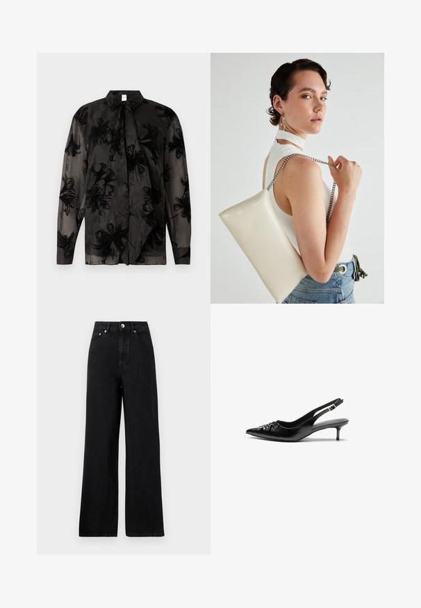 Juoda permatoma palaidinė su gėlių raštais, smailiu atvartėliu, ilgomis rankovėmis ir išlenkta apačia. Pagaminta iš lengvos medžiagos su lygiu paviršiumi.; Aukštai liemeni juodos džinsinės kelnės su plačiais kojų kirpimais, turinčios penkias kišenes ir sidabrinės spalvos detales. Bendras paviršius lygus.; Juodos odinės slingback aukštakulniai su smailiu nosiu, mažais katės kulnais ir dekoratyvine mazgo detale priekyje. Visas paviršius lygus.; Balta, stačiakampio formos rankinė pagaminta iš blizgaus medžiagos, su sidabriniu virvute. Modelis pozavo, demonstruodamas rankinę prieš paprastą foną.