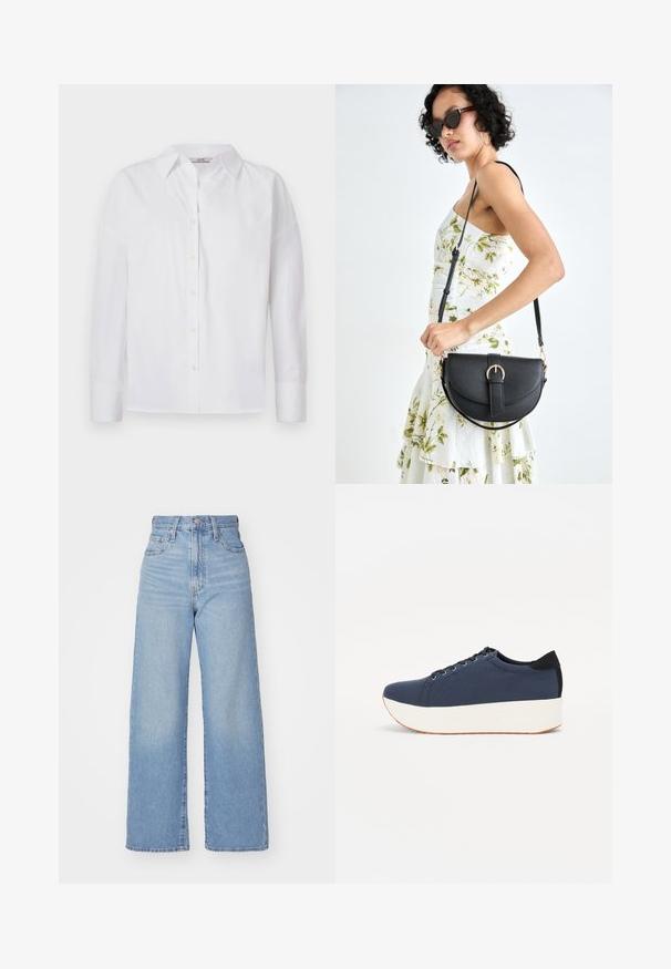 White button-up shirt made of cotton, featuring long sleeves, a classic collar, and subtle stitching details.; Light blue high-waist wide-leg jeans with front button and zip closure, front and back pockets, on a white background.; Navy blue sneaker with a textured fabric upper, white platform sole, rounded toe, and black heel accent. Features six eyelets for laces.; Black leather handbag with a curved shape, detachable strap, and gold hardware. The bag features a flap with a buckle detail.