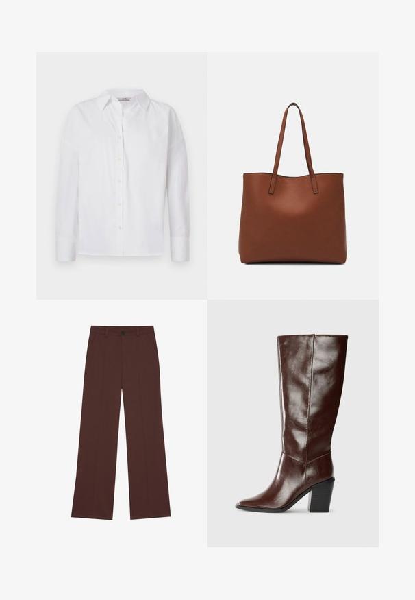White button-up shirt made of cotton, featuring long sleeves, a classic collar, and subtle stitching details.; Wide-leg trousers in a rich brown fabric. Features a button closure, two front pockets, smooth texture, and clean lines.; Tall dark brown leather boot with a pointed toe and stacked block heel, shown from the side on a plain background.; Brown leather tote bag with a smooth texture, open top design, and two shoulder straps. Features minimal stitching and no visible hardware.