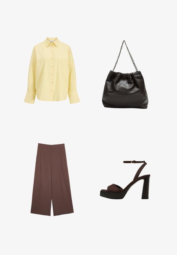 Žltá bavlnená košeľa s špicatým golierom, predným zapínaním na gombíky, dlhými rukávmi a voľným strihom. Hladká textúra a jednoduchý dizajn.; Hnedé nohavice so širokými nohavicami a hladkou textúrou, s vysokým pásom a prednými skladmi. Tkanina je ľahká a voľne sa pohybuje.; Hnedé semišové sandále na vysokom podpätku s otvorenou špičkou, nastaviteľným členkovým remienkom a pruhovanou platformovou podrážkou.; Hnedá kožená taška so zberaným vrchom a reťazovým popruhom. Hladký povrch s lesklým finišom a jemným švom po stranách.