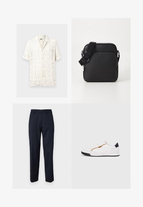 Chemise blanche à manches courtes avec un motif en crochet ajouré, munie d'un col et de boutons sur le devant, présentant un design en grille.; Pantalon bleu marine en tissu lisse, doté d'un bouton avant, d'un design à jambes droites et de poches latérales. Pas de motifs ni d'ornements visibles.; Baskets blanches avec des accents en maille et en cuir. Caractéristiques d'un logo "BOSS" doré, de panneaux latéraux texturés et d'un capuchon de talon noir. Semelle en caoutchouc.; Sac bandoulière en cuir noir avec une surface texturée, doté d'une poche zippée à l'avant, d'une bandoulière ajustable et d'accents en métal.