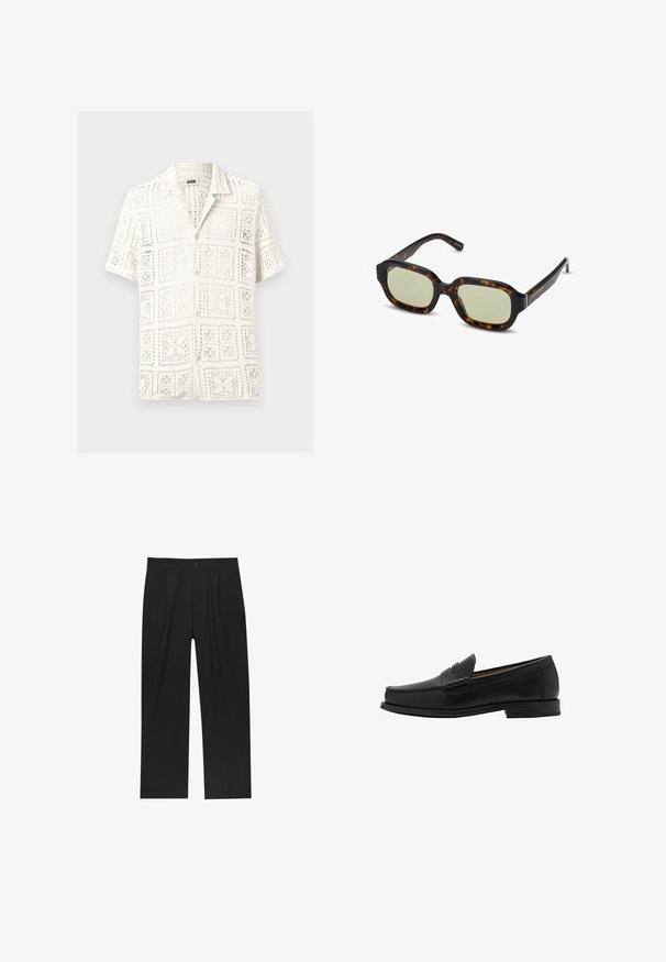 Chemise blanche à manches courtes avec un motif en crochet ajouré, munie d'un col et de boutons sur le devant, présentant un design en grille.; Pantalons noirs au design droit, fabriqués à partir d'un tissu lisse. Dotés de plis sur le devant et d'une fermeture à un bouton à la taille.; Mango Mocassins de ville - black; Lunettes de soleil en écaille de tortue avec des verres teintés de vert, de forme rectangulaire, avec des montures larges et une finition lisse. Accents sur les branches.