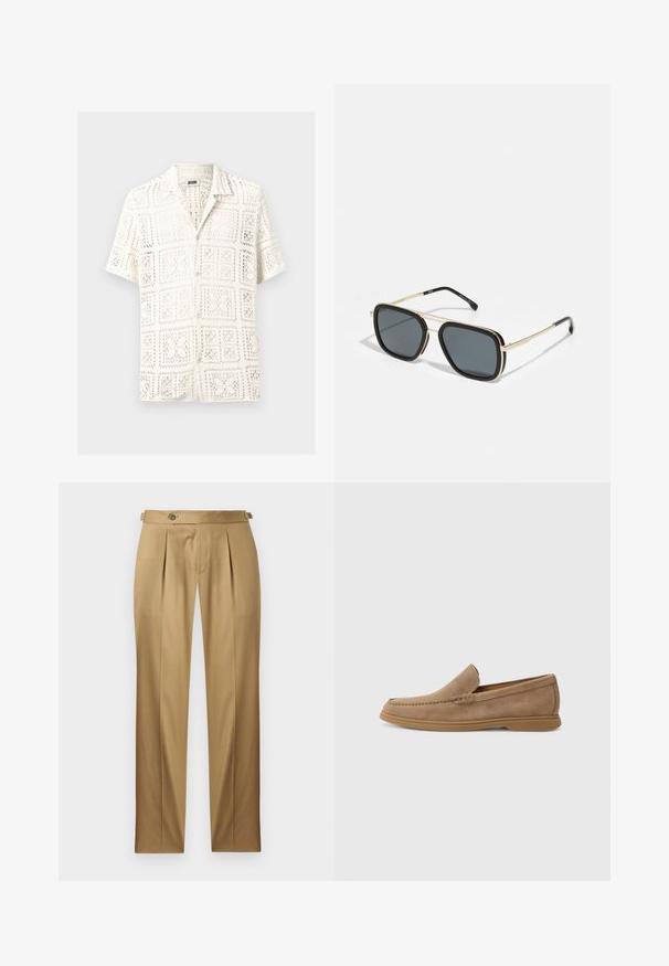 White short-sleeve shirt featuring an openwork crochet pattern, with a collar and front buttons, displaying a grid design.; Beige trousers with a straight fit, featuring pleats, a button closure, and belt loops. Smooth fabric with a clean, tailored look.; Brown suede slip-on loafers with a smooth texture and stitched detailing; features a rubber sole for traction.; Black and gold sunglasses with a square shape, metallic frame, dark gray lenses, and black temple tips. Features double bridge design.