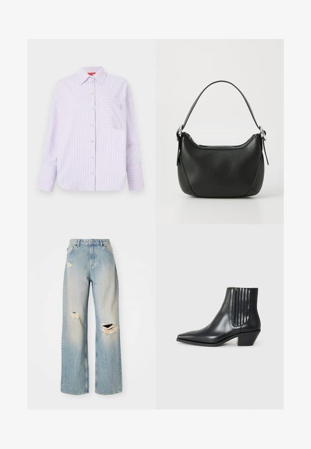 Světle fialová košile na knoflíky s vertikálními pruhy, jedná náprsní kapsa a límec. Má dlouhé rukávy s širokými manžetami a jemným detailem loga.; Šedý bezrukávový rolák, přiléhavý střih, žebrovaná textura, hladká látka, vysoký límec a stylové vykrojení na ramenech.; Světle modré džíny rovného střihu s vysokým pasem, poutky na opasek a opotřebenými roztrženinami na levém stehně, pravém koleni a dolní části levé nohy.; Černá kožená kotníková bota s špičatou špičkou, elastickými bočními panely s vertikálními drážkami a nízkým blokovým podpatkem. Hladká textura a elegantní design.; Černá kožená kabelka s zakřiveným tvarem, stříbrným zipem a krátkým uchem. Na přední straně se nachází nenápadné logo a má hladkou texturu.