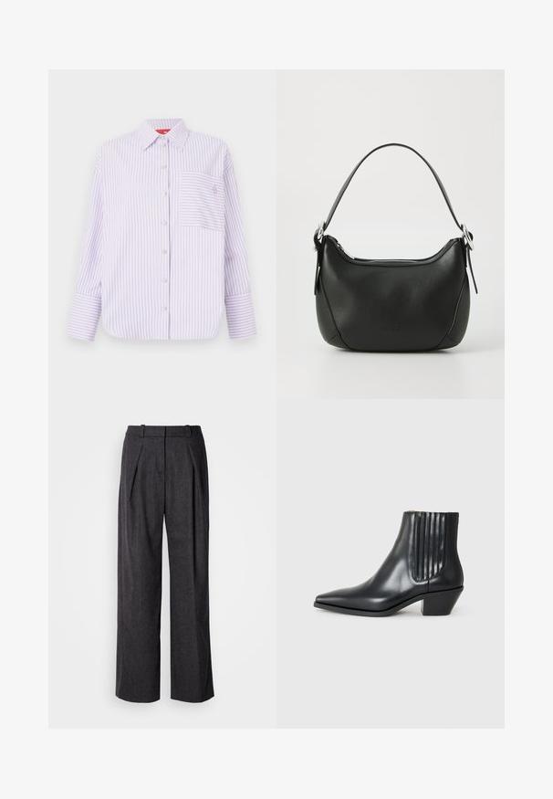 Light purple button-up shirt with vertical stripes, single chest pocket, and a collar. Features long sleeves with wide cuffs and subtle logo detail.; Dark gray wide-leg trousers with a textured fabric, featuring front pleats and a classic waistband design. No visible pockets.; Black leather ankle boot with pointed toe, elastic side panels with vertical grooves, and a low block heel. Smooth texture and sleek design.; Black leather handbag with a curved shape, silver zipper, and a short handle. Features a subtle logo on the front and smooth texture.