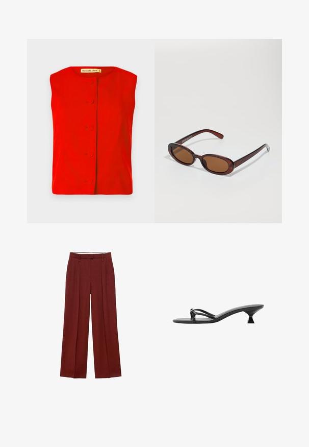 Top rosso senza maniche con scollo rotondo, caratterizzato da una chiusura con bottoni frontale con bottoni circolari e una superficie liscia. Etichetta del brand visibile all'interno.; Pantaloni a gamba larga di un profondo colore rosso, con vita alta, pieghe davanti e un tessuto liscio e testurizzato.; Sandali neri con tacco caratterizzati da un design elegante, cinturini sottili e un tacco triangolare unico. Texture liscia con un aspetto minimalista.; Occhiali da sole rotondi con tonalità marrone, montatura lucida color bordeaux. Aste sottili con un sottile dettaglio del marchio. Design delle lenti piatte.; Borsa bianca in ecopelle con una forma curva, manico texturizzato, accessori in argento e una tasca con zip. Presenta un logo in rilievo.