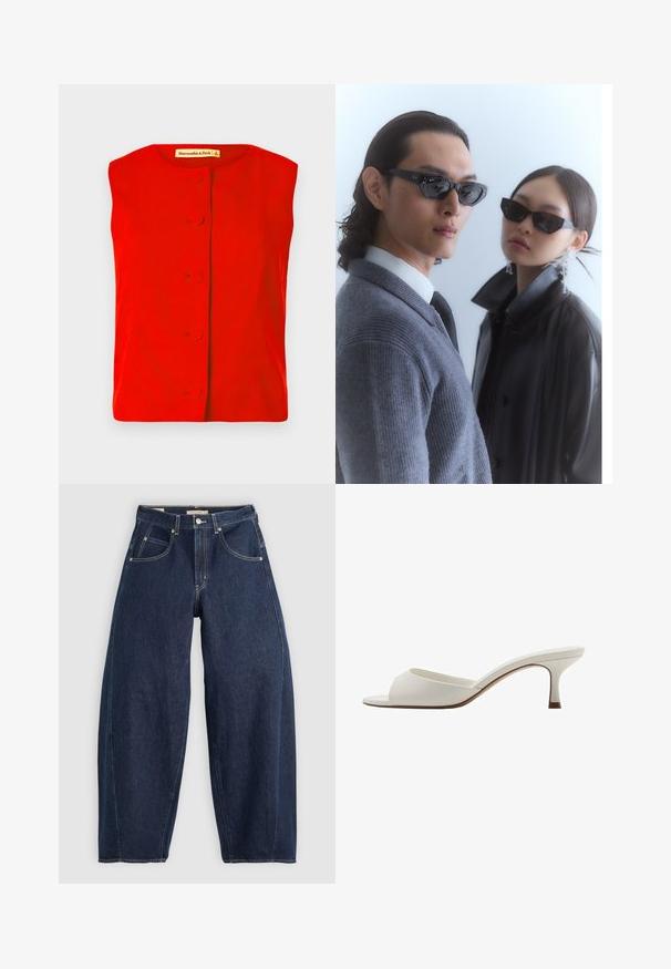 Rode mouwloze top met ronde halslijn, voorzien van een sluiting met knopen aan de voorkant met ronde knopen en een gladde textuur. Merklabel zichtbaar aan de binnenzijde.; Donkerblauwe denim jeans met een losse fit, lichte stiksels, vijf zakken en een knoopsluiting op de taille.; Witte open-toed hoge hakken met een gladde afwerking, minimalistisch ontwerp en een slanke hak, met een subtiele bruine accent op de zool.; Zonnebril met hoekige zwarte frames op een model in een grijs sweater, waarin een gestructureerde brei te zien is, en een zwart leren jack gedragen door een ander model.