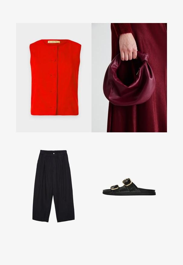 Haut sans manches rouge avec un encolure ronde, présentant une fermeture à boutons sur le devant avec des boutons circulaires et une texture lisse. Étiquette de la marque visible à l'intérieur.; Pantalon culotte noir en polyester avec une taille élastique, deux plis avant et une silhouette ample. Pas de motifs visibles ni de détails matériels.; Sandale noire à glissière avec deux accents de boucle en or, en matériau lisse, semelle plate et design minimaliste.; Sac à main en cuir bordeaux au design doux et froncé, avec une forme arrondie. La poignée est fixée, mettant en valeur une texture lisse.