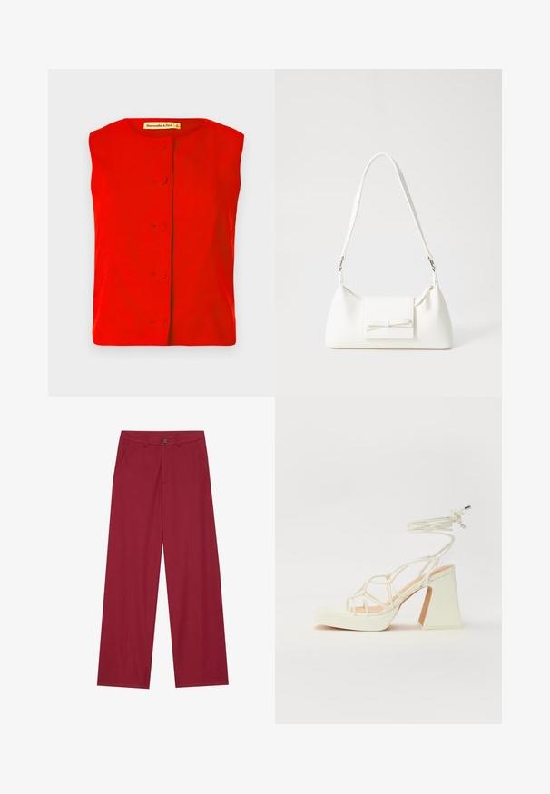 Rode mouwloze top met ronde halslijn, voorzien van een sluiting met knopen aan de voorkant met ronde knopen en een gladde textuur. Merklabel zichtbaar aan de binnenzijde.; Brede broek van een gladde, gestructureerde stof in een diepe roodtint. Bevat voorzakken en een enkele knoopsluiting bij de taille.; Witte hoge hakken sandaal met een chunky hak, met een bandjesontwerp en enkelband. Gladde textuur met een plateau voor extra hoogte.; Witte synthetische handtas met een driehoekige vorm, platte voorklep en strikdetail, verstelbare schouderriem, gladde textuur en minimalistisch ontwerp.