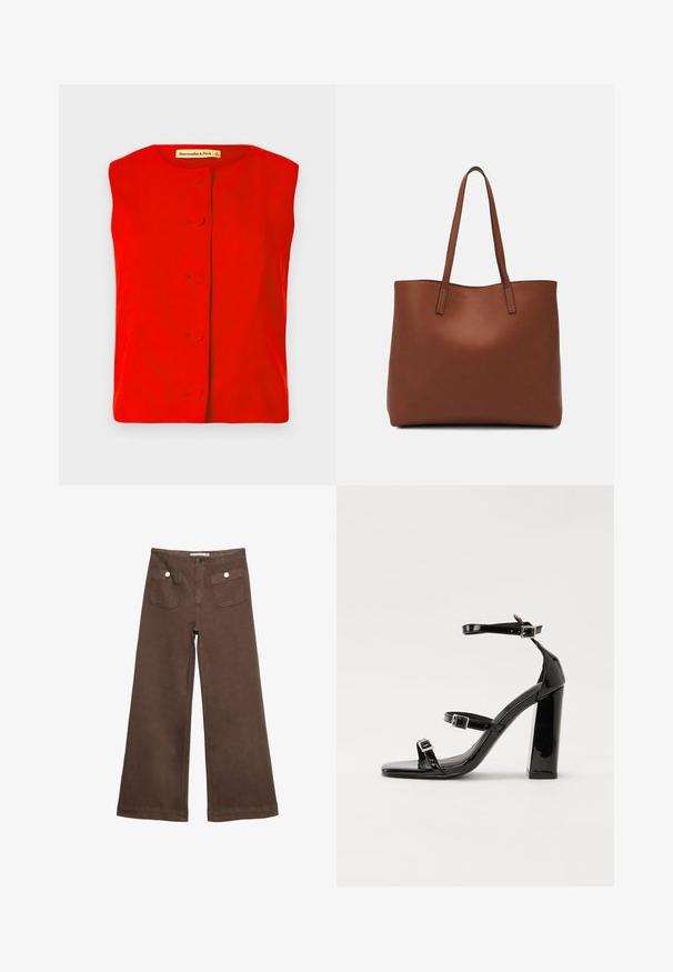 Haut sans manches rouge avec un encolure ronde, présentant une fermeture à boutons sur le devant avec des boutons circulaires et une texture lisse. Étiquette de la marque visible à l'intérieur.; Pantalons larges marron en coton, dotés de deux poches avant avec des boutons argentés, et une texture lisse.; Sandales à talons vernies noires avec un bout carré, des sangles autour de la cheville et des boucles en argent. Dotées d'un talon bloc épais pour plus de stabilité.; Sac fourre-tout en cuir marron avec une texture lisse, design à ouverture supérieure et deux poignées pour le porter à l'épaule. Présente des coutures minimales et aucun matériel visible.