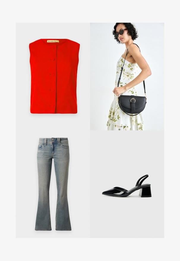 Červený top bez rukávov s zaobleným výstrihom, s predným zapínaním na gombíky v tvare kruhu a hladkým povrchom. Značka je viditeľná vo vnútri.; Svetlomodré zvonové nohavice vyrobené z denimu. Obsahujú dve predné vrecká, zapínanie na gombík a jemné blednutie na tkanine.; Čierne lakované kožené sandálové podpätky s špicatou špičkou a geometrickým blokovým podpätkom. Disponujú elegantným, minimalistickým dizajnom a hladkým povrchom.; Čierna kožená kabelka s zaobleným tvarom, odnímateľným popruhom a zlatými doplnkami. Kabelka má klopu s detailom s prackou.