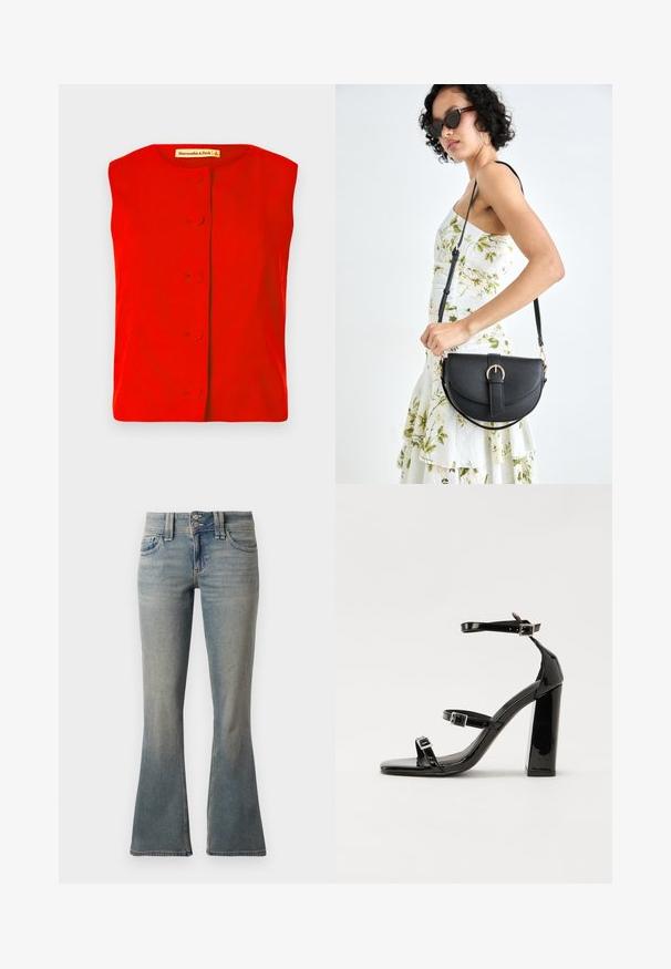 Raudona be rankovių palaidinė su apvaliu iškirpimu, turinti priekinį mygtukų uždarymą su apvaliais mygtukais ir lygiu paviršiumi. Prekės ženklo etiketė matoma viduje.; Šviesiai mėlynos plačios džinsinės kelnės. Yra dvi priekinių kišenių, užsegimas su mygtuku ir subtilus išblukimas per audinį.; Juoda blizgi lakuota basutė su kvadratiniu pirštu, kulkšnies dirželiais ir sidabro sagtimis. Yra tvirta blokinė kulno konstrukcija, užtikrinanti stabilumą.; Juodas odinis krepšys su išlenkta forma, nuimamu dirželiu ir auksiniais detalėmis. Krepšys turi kilpą su sagtimi.