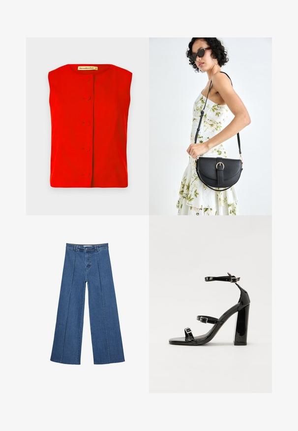 Rotes ärmelloses Oberteil mit rundem Ausschnitt, ausgestattet mit einer vorderen Knopfverschluss mit runden Knöpfen und glatter Textur. Markenetikett innen sichtbar.; Weite Jeans aus Denim in Mittelblau, mit hoher Taille, Knopfverschluss und kontrastierenden vertikalen Nahtdetails an der Vorderseite.; Schwarze patentierte Sandalen mit Absatz, quadratischer Spitze, Knöchelriemen und silbernen Schnallen. Mit einem stabilen Blockabsatz für mehr Stabilität.; Schwarze Lederhandtasche mit geschwungener Form, abnehmbarem Tragegurt und goldenen Beschlägen. Die Tasche verfügt über einen Deckel mit einer Schnallen-Details.