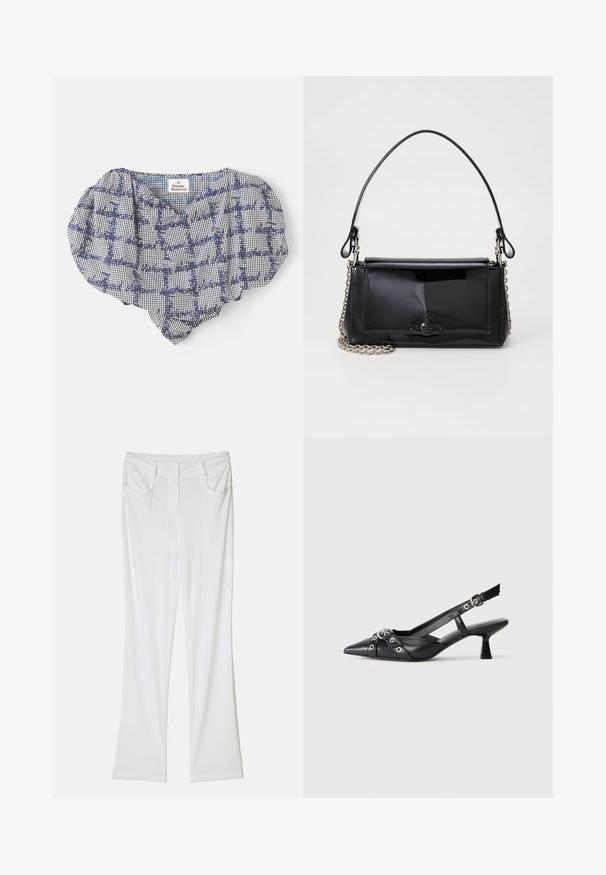 Top a scacchi bianco e nero con scollatura arricciata e testo stampato. Presenta un accento di colore pastello vicino all'etichetta. Tessuto morbido.; Pantaloni bianchi a palazzo con una trama di tessuto liscia, dotati di due tasche frontali e di una cintura cucita per un look aderente.; Scarpa slingback nera in pelle con punta affusolata, cinturini decorativi con occhielli metallici e tacco basso a blocco. Superficie testurizzata.; Borsa a tracolla in vernice nera con forma rettangolare, tracolla a catena e un distintivo accessorio in metallo al centro. Texture liscia.