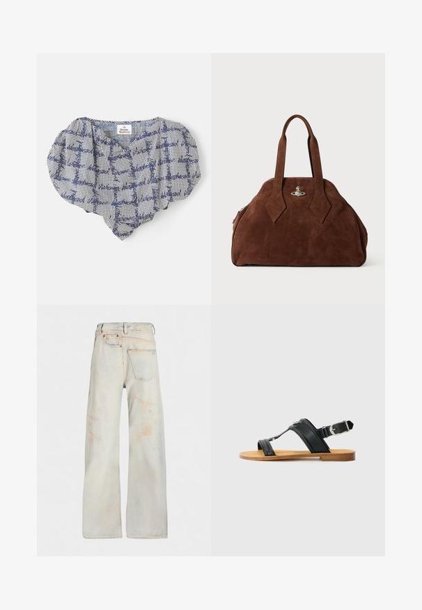 Mustvalge ruuduline pluus volangi kaelusega ja trükitud tekstiga. Sildi lähedal on pastelltoonis aktsent. Pehme kangast tekstuur.; MM6 Maison Margiela PANTS POCKETS - Sirgete säärtega teksad - light blue; Mustad mustad nahast sandaal reguleeritava pandlaga, lame pruuni tallaga, ja kaks laia rihma, mis ületavad jalga, minimalistik disain.; Pruun nahast käekott, millel on struktureeritud kuju, ümar keha ja piklikud rombikujulised käepidemed. Varustatud hõbedase riistvaraga lukuga.