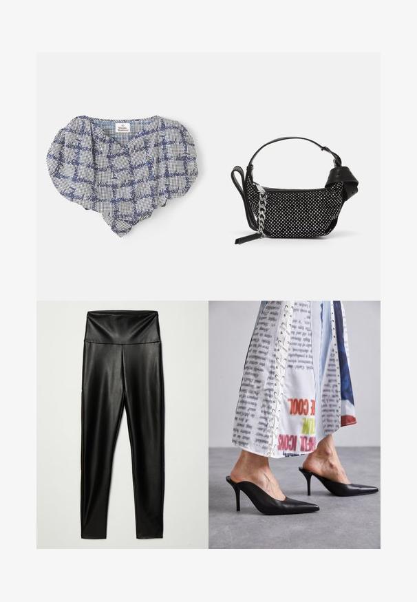 Black and white gingham check top with a ruffled neckline and printed text. Features pastel colored accent near the label. Soft fabric texture.; Black faux leather leggings with a high waistband, featuring a smooth texture and a fitted silhouette, extending to ankle length.; Black leather mules with a pointed toe and stiletto heel, paired with a white patterned garment featuring lace-up details.; Black handbag with a textured design, adorned with silver studs and a chunky silver chain strap. Features a sleek, minimalist shape.