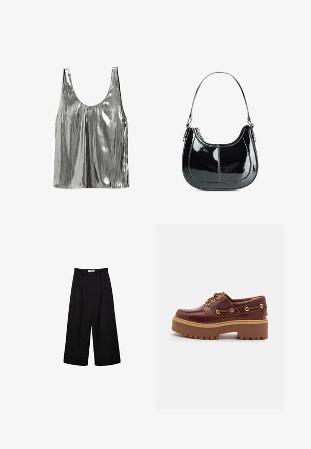 Metallisch silbernes Tanktop mit Rundhalsausschnitt, gefaltetem Design und glatter Textur. Verfügt über breite Träger und einen geraden Saum.; Schwarze weite Hosen mit hoher Taille, gefaltetem Vorderteil und Knopfverschluss. Aus glattem Stoff mit maßgeschneidertem Design.; Braune Lederbootsschuhe mit einer massiven braunen Gummisohle, goldenen Ösen und kontrastierenden Nähten. Mit einem Logo an der Seite.; Schwarze Handtasche aus lackiertem Leder mit geschwungenem Design, Reißverschluss und einem einzelnen Schulterriemen, der mit silberfarbenen Beschlägen und Akzenten in der Naht versehen ist.