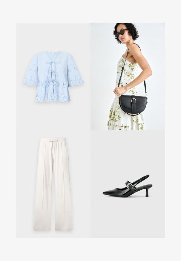 Blue cotton blouse with a v-neck, tie front, and flared sleeves. Features embroidered cutouts and scalloped edges along the hem and sleeves.; Light beige sweatpants made of soft fabric, featuring a drawstring waist, wide legs, and vertical seams, with a smooth texture.; Black patent leather slingback heels with a pointed toe and a small block heel, featuring a silver buckle accent on the strap.; Black leather handbag with a curved shape, detachable strap, and gold hardware. The bag features a flap with a buckle detail.