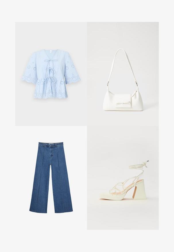 Sininen puuvillapaita, jossa on V-mallinen kaula-aukko, nauhakiinnitys edessä ja levenevät hiat. Sisältää brodeerattuja aukkoja ja aaltoilevat reunat helmassa ja hihoissa.; Korkeat vyötäröiset, keskisiniset, leveiden lahkeiden denim-farkut, joissa on nappikiinnitys ja kontrastiväriset pystysaumadetaileja edessä.; Valkoinen korkokenkä, jossa on paksu korko, ja joka sisältää nauhakiinnityksen ja nilkkaketjun. Sujuva pinta, jossa on platform-etupohja lisäkorkeutta varten.; Valkoinen synteettinen käsilaukku, jossa on kolmikulmainen muoto, tasainen etu läppä ja nauhadetail, säädettävä olkahihna, sileä rakenne ja minimalinen muotoilu.