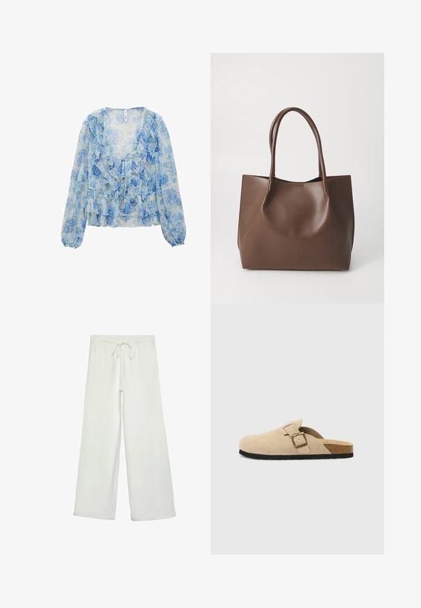 Kukkakuvioinen paita vaaleansinisestä ja valkoisesta läpikuultavasta kankaasta. Tässä paidassa on röyhelöreunat, pitkät hihat ja solmittava etuosa. Pehmeä, kevyt rakenne.; Valkoiset leveälahkeiset housut pehmeästä kankaasta. Varustettu joustavalla vyötäröllä ja nyörillä sekä sileällä pinnalla. Ei näkyviä kuvioita tai tarvikkeita.; Beige mokkasiner i semsket skinn med korksåle, rund tå og en enkel stropp med gulltone spenne. Gummisåle for godt grep.; Ruskea nahkatote-laukku, jossa on kaksi pitkää kahvaa, ryhdikäs muoto, sileä pinta ja minimalismi. Ei näkyvää metalliosaa tai koristeita.