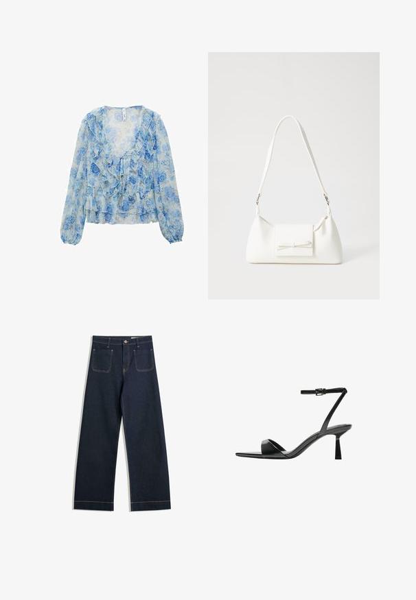 Kvetovaný blúzka v svetlom modrom a bielom priesvitnom materiáli. Má volánové okraje, dlhé rukávy a zaväzovanie na prednej strane. Mäkka, ľahká textúra.; Tmavomodré široké džínsy vyrobené z denimu s kontrastným hnedým prešívaním, dvoma zadnými vreckami a zapínaním na gombík v páse.; Bershka Sandále na vysokom opätku - black; Biela syntetická kabelka s trojuholníkovým tvarom, plochým predným klapkou a detailom mašle, nastaviteľným popruhom, hladkou textúrou a minimalistickým dizajnom.