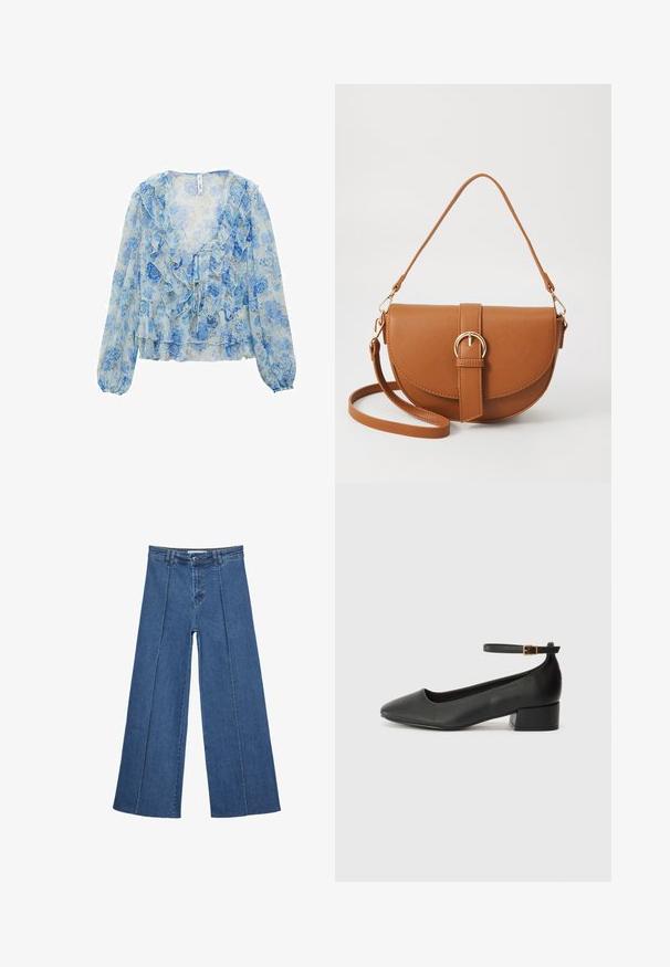 Cvjetna bluza u svijetloplavoj i bijeloj prozirnoj tkanini. Ima ruffled rubove, duge rukave i vezivanje sprijeda. Mekana, lagana tekstura.; Široke traperice u srednje plavoj boji, s visokim strukom, zatvaranjem na dugme i kontrastnim vertikalnim šavovima duž prednje strane.; Crne kožne pumpe s oštrim vrhom i niskom blok petom. Sadrže remen oko gležnja s zlatnim kopčanjem. Glatka tekstura.; Smeđa kožna torba preko tijela s zakrivljenim oblikom, zlatnim metalnim detaljima i naglaskom na kopču. Ima odvojivu naramenicu.