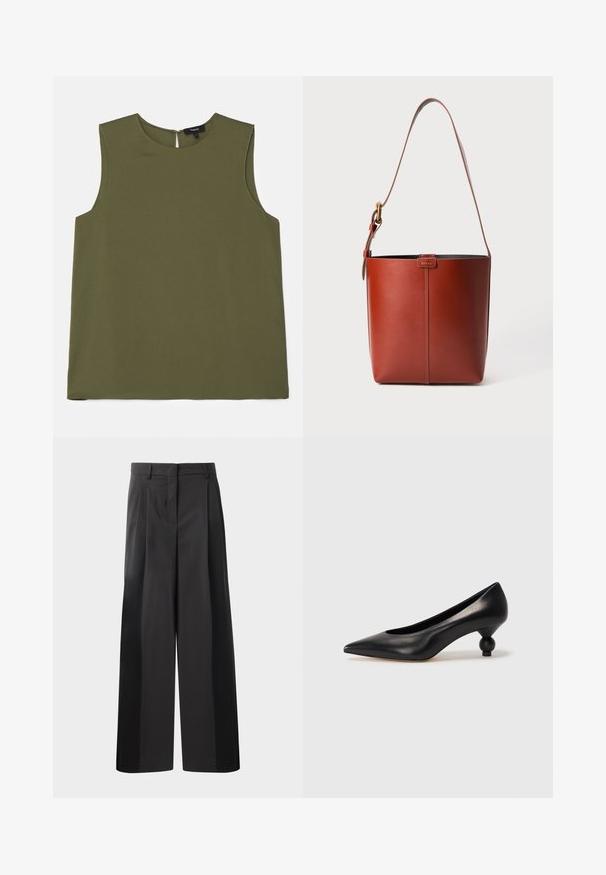 Theory STRAIGHT SHELL - Top - bright olive; Černé kalhoty širokého střihu s vysokým pasem, které mají přední sklady, hladký povrch a upravený vzhled. Navrženy pro volný střih.; Černá kožená vysoká bota na podpatku s špičatou špičkou a kulatým, zaobleným podpatkem. Hladká textura s elegantním, minimalistickým designem.; Hnědá kožená kabelka ve tvaru kbelíku s nastavitelným ramenním popruhem a zlatým přezkovým zapínáním, jednoduchý vertikální šev na přední straně.
