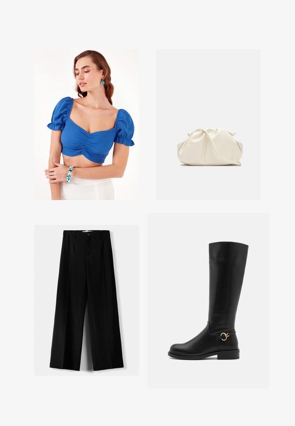 Niebieski krótki top z puffowanymi rękawami i marszczonym detalem z przodu. Modelka nosi bransoletkę w geometryczny wzór oraz prostą naszyjnik. Tło jest jednolicie białe.; Czarne spodnie szerokie, wykonane z lekkiego materiału, z zapięciem na guzik z przodu i gładkim przodem, z starannie wykończonymi brzegami.; Anna Field Wide Fit - Kozaki; Kremowa, miękka torba z sztucznej skóry o marszczonym wzorze, z regulowanym paskiem i subtelnym zapięciem na sznurek. Gładka faktura i zaokrąglony kształt.; Srebrne kolczyki w kształcie kropli z zaokrąglonymi, odbijającymi światło powierzchniami; minimalistyczny design z gładką fakturą i subtelnym detalem brandingowym.