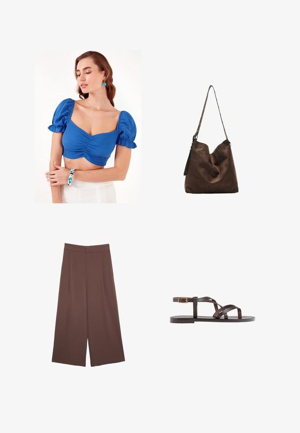 Blå kort topp med puffärmar och rynkad frontdetalj. Modellen bär ett geometriskt mönstrat armband och ett enkelt halsband. Bakgrunden är helt vit.; Bruna vida byxor med en slät textur, som har hög midja och framfickor. Tyget är lätt och flödar löst.; Bruna lädersandaler med korsade remmar, spänne runt vristen och en platt sula med minimala sömnadsdetaljer.; Brun mockaskinn hobo-väska med en rundad topp, ett långt band med prickiga detaljer och en mjuk textur. Har en slapp design för avslappnad användning.