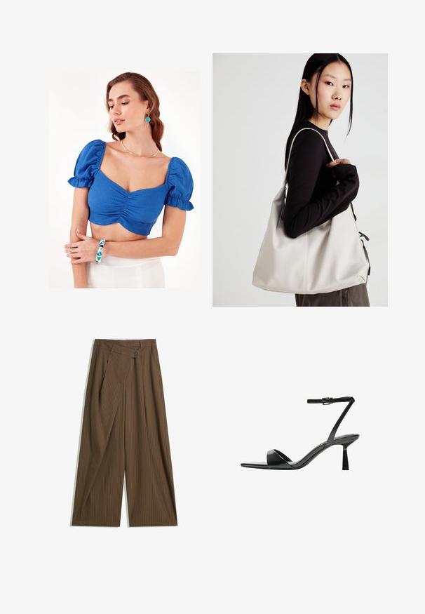 Blue cropped top with puff sleeves and ruched front detail. Model wears a geometric patterned bangle and simple necklace. Background is plain white.; Brown wide-leg trousers with thin white pinstripes, high waist, front button closure, and wrap-style overlay panel.; Bershka High heeled sandals - black; Beige handbag made of soft material, featuring a slouchy design, stitched detailing, and two shoulder straps. Suitable for everyday use.