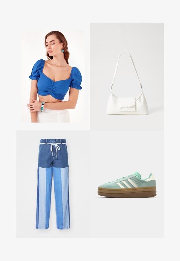 Kék, rövidített topp puffos ujjakkal és pliszírozott elülső résszel. A modellen geometrikus mintázatú karkötő és egyszerű nyaklánc látható. A háttér egységes fehér.; Kék farmernadrág, foltvarrásos dizájnnal, különböző árnyalatú kékekből, húzózsinóros derékkal és laza, egyenes szabású lábakkal.; adidas Originals GAZELLE BOLD - Sportcipő - ash green/off white; Fehér szintetikus kézitáska, háromszög alakú, lapos előlap, masni részlettel, állítható pánttal, sima textúrával és minimalista dizájnnal.