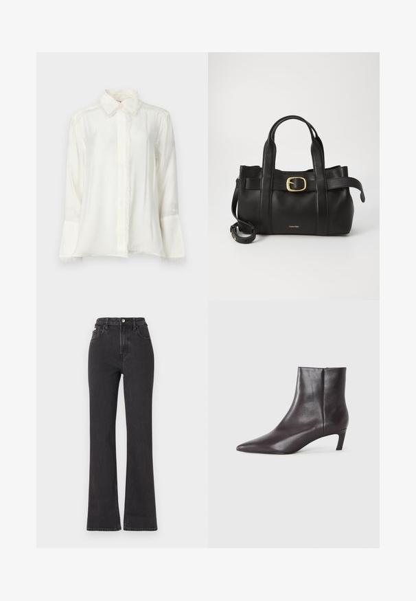 Λευκό, πουκάμισο με μακρύ μανίκι φτιαγμένο από ελαφρύ ύφασμα. Διαθέτει κλασικό γιακά, λεπτομέρειες με φούντες κατά μήκος των άκρων και κουμπί που κλείνει.; Μαύρα ψηλόμεσα τζιν με φαρδιά γραμμή, κατασκευασμένα από τζιν, διαθέτουν κλείσιμο με κουμπί, θηλιές ζώνης και πλαϊνές τσέπες. Λείος υφή με ελάχιστη φθορά.; Μαύρη δερμάτινη μπότα αστράγαλου με μυτερή μύτη και χαμηλό τακούνι τύπου kitten, ομαλή επιφάνεια, πλάγιο φερμουάρ, παρουσιασμένη σε ουδέτερο φόντο.; Μαύρη δερμάτινη τσάντα με δομημένο σχέδιο, διπλούς επάνω χειρολαβές, χρυσή αγκράφα διακόσμηση και ανάγλυφο λογότυπο μπροστά.
