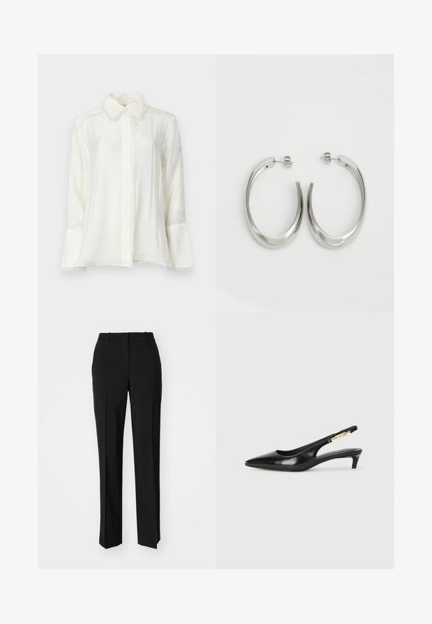 Hvit skjorte med lange ermer laget av lett materiale. Har klassisk krage, frynse detaljer langs kantene og knappelukking.; Sorte skreddersydde bukser med rett silhuett, med en glatt tekstur og klare pressede bretter foran. Ingen synlig maskinvare.; Sorte lærreim hæler med spiss tå, som har en slank hæl og en gullfarget detalj på den justerbare stroppen. Glatt tekstur.; Sølvøreringer med en jevn, buet design. Har en blank metallisk finish og en studlås. Ingen synlige mønstre eller aksenter.