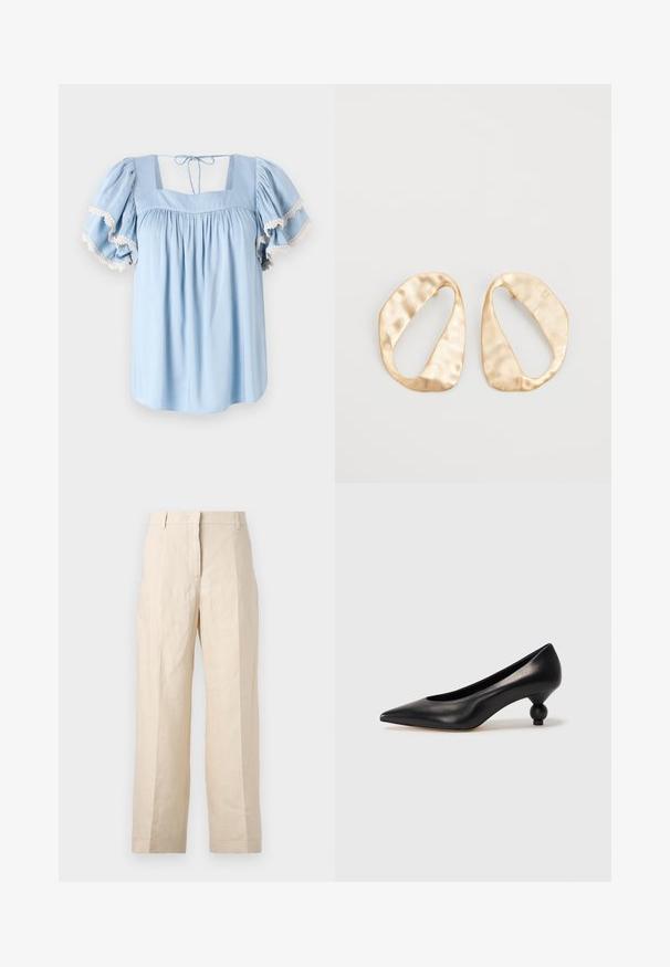 Šviesiai mėlyna palaidinė su kvadratine kaklo iškirpte ir pūstomis rankovėmis. Savybės - surinkta medžiaga ir subtilus nėrinių apvadas rankovių kraštuose.; Bežinės lininės kelnės su laisvu kirpimu, preguldyta priekyje ir tiesiomis kojomis. Savybės: juosmuo su diržo kilpomis ir be matomų kišenių.; Juoda odinė aukštakulnė bateliai su smailiu pirštu ir apvaliu, iškiliu kulnu. Lygus paviršius su elegantišku, minimalistiniu dizainu.; Nedidelis nereguliarus ovalo formos aukso tono metalinių auskarų pora su tekstūruota, šiek tiek kalta paviršiumi ant balto fono.